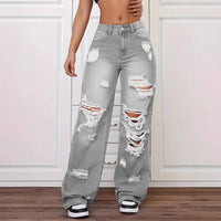 Stylish Washed Ripped Straight Jeans - High-Rise Denim for Women