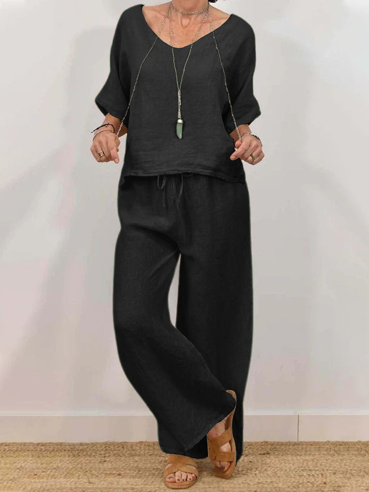 Womens Multi-Color Two-Piece Set Casual V-Neck Pullover With Three-Quarter Sleeves And Extended Pants What Else You Got?