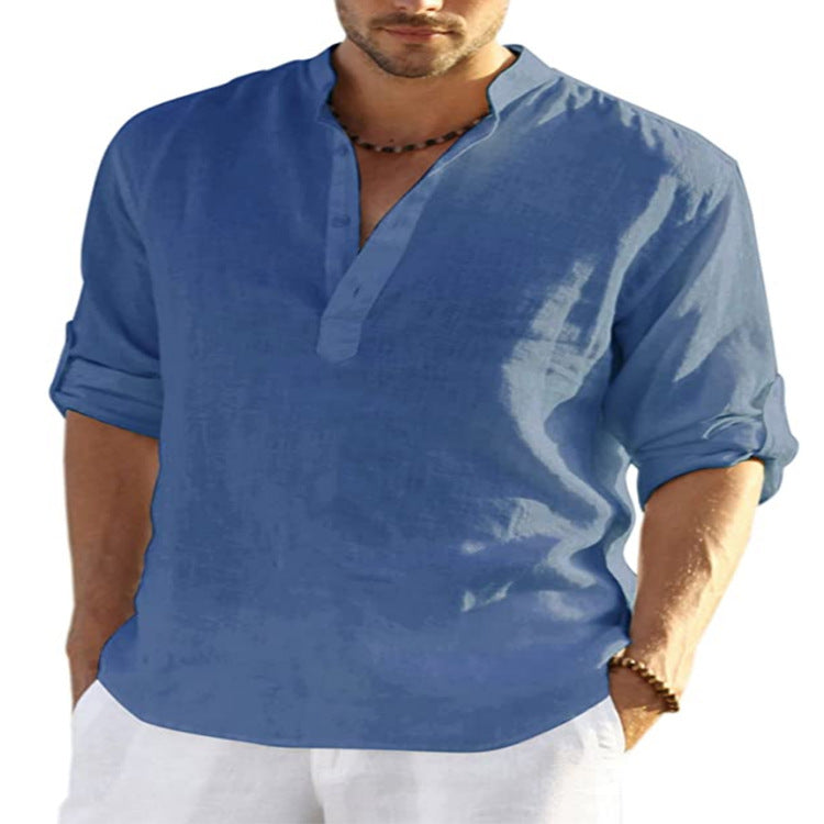 Men's Casual Cotton Linen Solid Color Long Sleeve Shirt Loose Stand Collar What Else You Got?
