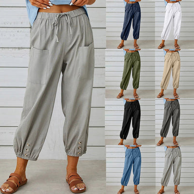 Elegant Christian Women's Drawstring Pants - Comfortable Cotton & Linen Trousers with Pockets & Buttons