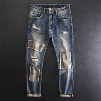 Men's Ripped Patch Jeans – Retro Distressed Straight-Leg Denim