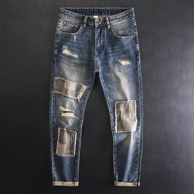Men's Ripped Patch Jeans – Retro Distressed Straight-Leg Denim