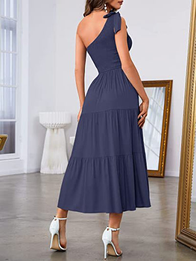 Elegant One-Shoulder Pleated Dress with Flirty Split Hem – Summer Chic