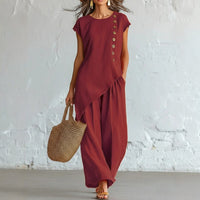 Elegant Women's Two-Piece Crewneck Button-Up & Wide-Leg Pants Set – Casual Chic Outfit