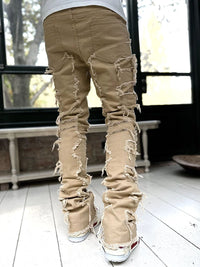 Men’s Bold Stacked Ripped Patch Jeans – Fashionable Streetwear Denim