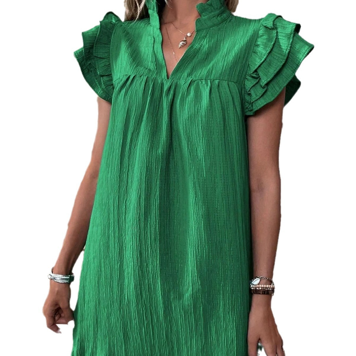 Casual Women's Multi-layer Ruffle Sleeve V-neck Dress Summer Fashion Versatile Multi-layer Lotus Leaf Sleeve V-Neck Pullover Dresses What Else You Got?
