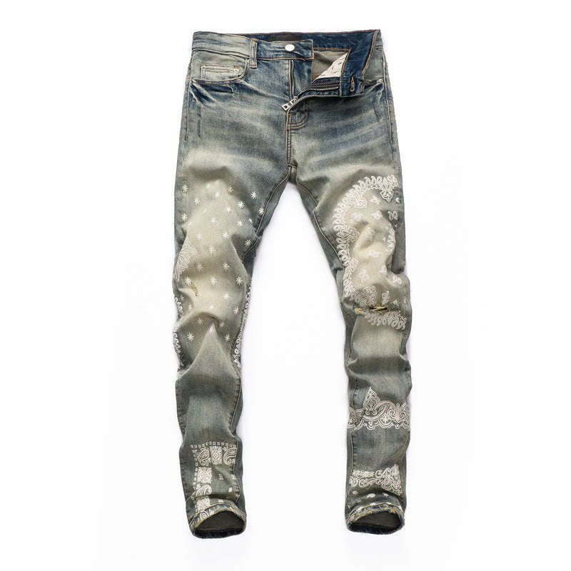Men's Vintage Distressed Print Jeans – Straight Fit
