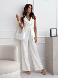 Women's V-Neck Belted Jumpsuit – Sleeveless Wide-Leg Trouser Jumpsuit