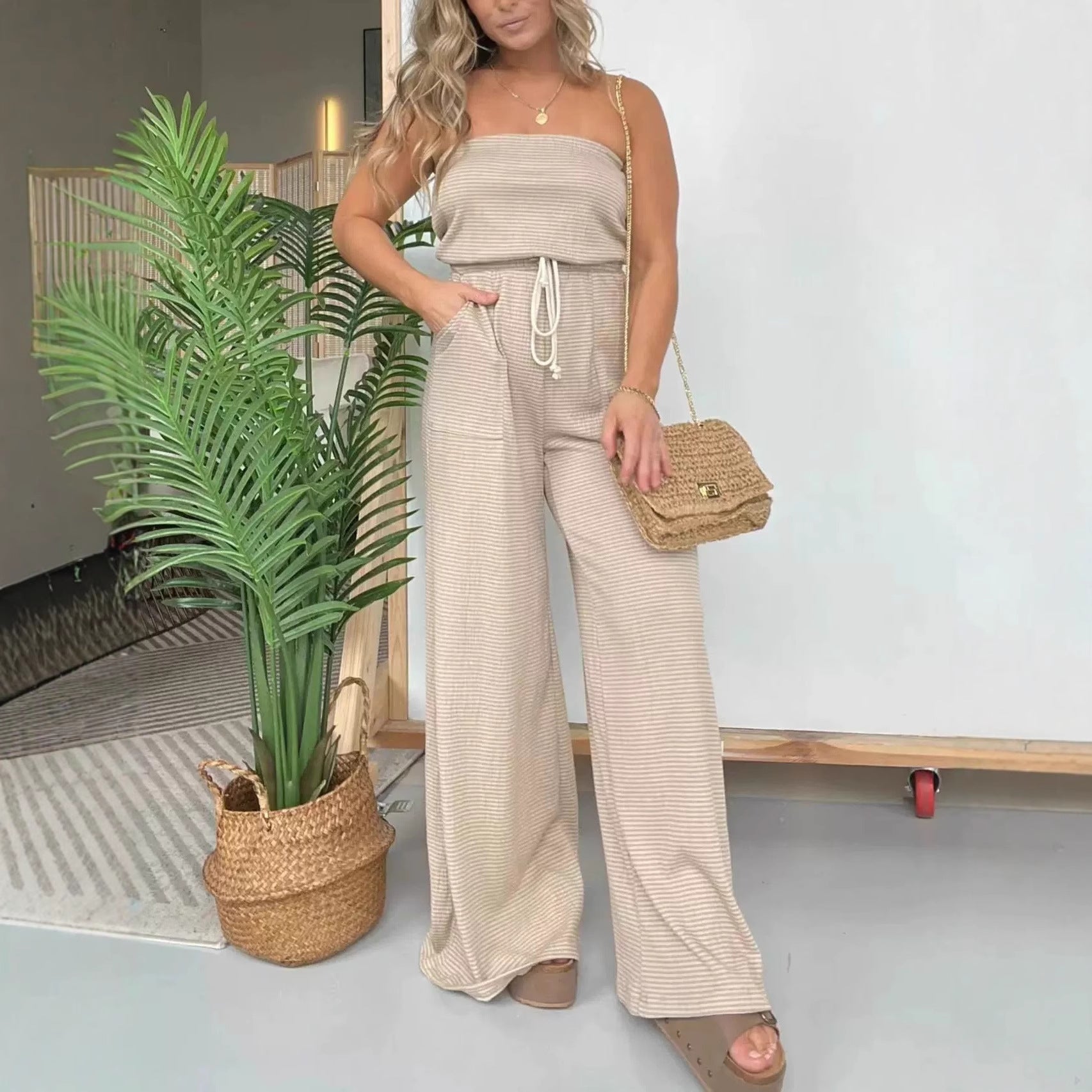 Womens Striped Tube Top Wide-Leg Jumpsuit What Else You Got?