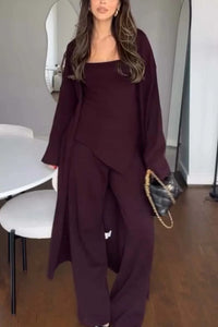 Elegant 3-Piece Modest Knit Set: Chic Cotton Coat & Wide-Leg Pants (Khaki, Gray, Red)