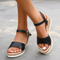 Elegant Women's Wedge Platform Sandals – Peep Toe Ankle Buckle Summer Shoes in Beige & Black