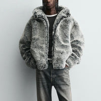 Men's Cozy Hooded Faux Fur Winter Jacket - Warm Tie-Dye Plush Coat in Gray-Green
