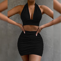 Divine Elegance: Women's Halter Lace-Up Top & Pleated Skirt Dress Suit