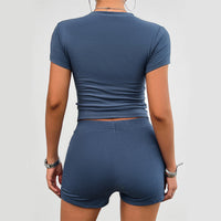 Elegant Christian Activewear: 2-Piece Slim Sports Suit with Round Neck Tee & Elastic Shorts for Summer Workouts