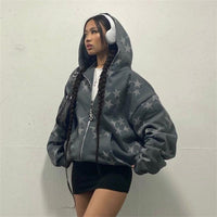Star Print Zip-Up Hooded Cardigan – Streetwear Hoodie Jacket for Men & Women
