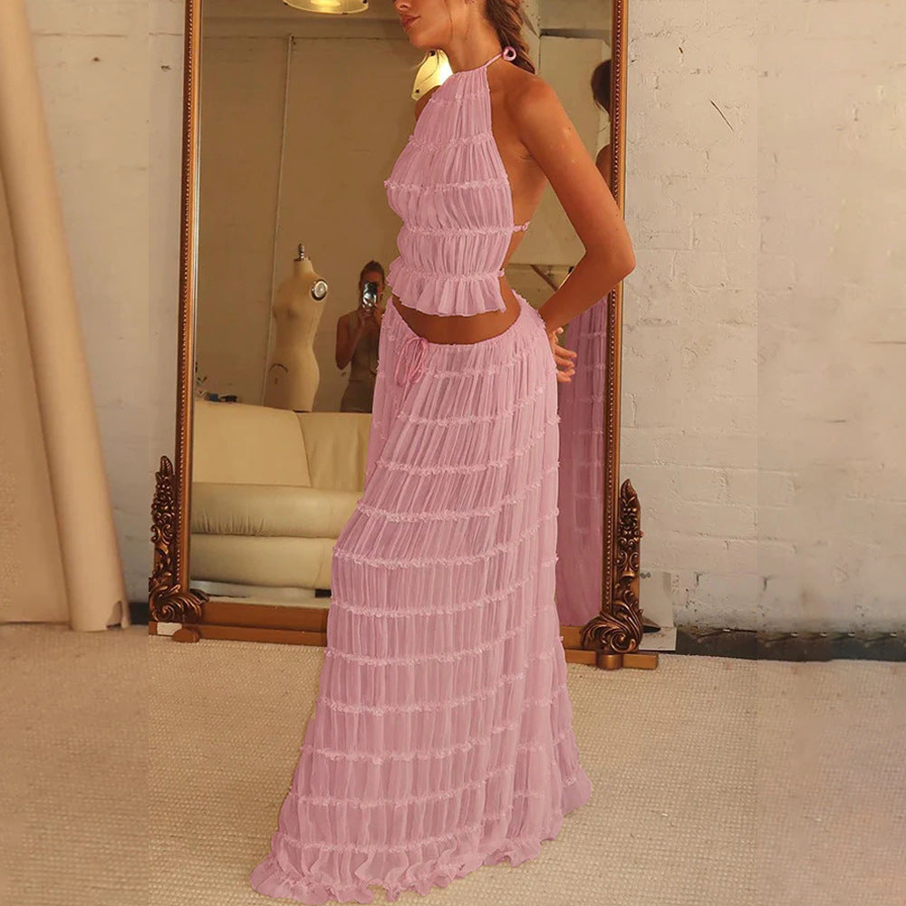 2pcs Women's Dress Suit Sexy Sleeveless Backless Cropped Halter Top And Pleated Long Skirt Beach Clothing What Else You Got?