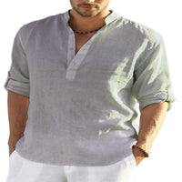 Men's Breathable Linen-Cotton Long Sleeve Shirt - Stand Collar Casual Wear for Spring & Summer