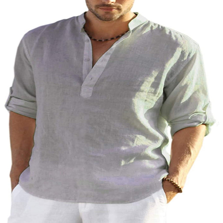 Men's Casual Cotton Linen Solid Color Long Sleeve Shirt Loose Stand Collar What Else You Got?