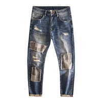 Men's Ripped Patch Jeans – Retro Distressed Straight-Leg Denim