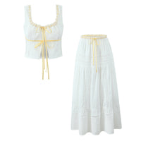 Chic French Contrast Ribbon Vest & Lace Trim Skirt Set - Boho Vacation Style