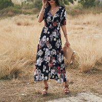 Graceful Summer Floral Dress - V Neck Elastic Waist Comfort Fit for Women
