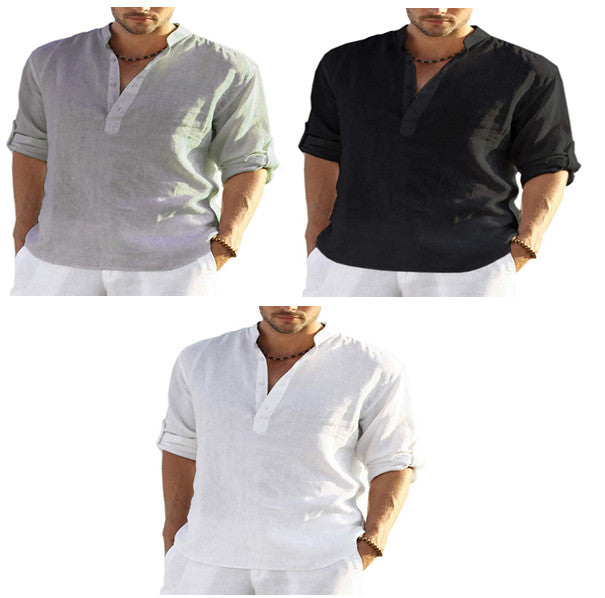 Men's Casual Cotton Linen Solid Color Long Sleeve Shirt Loose Stand Collar What Else You Got?