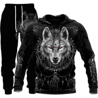 Bold 3D Wolf Print Tracksuit - Men's Hooded Jogging Set for Fitness & Streetwear