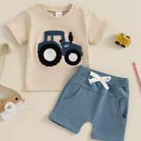 Cute & Comfortable Toddler Boys Summer Outfit with Truck Embroidery - Round Neck Tee & Shorts Set