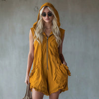 Elegant Boho Women's Cropped Jumpsuit - Retro Zip-Up Hoodie Style in Cotton-Linen Blend