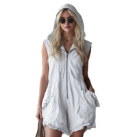 Elegant Boho Women's Cropped Jumpsuit - Retro Zip-Up Hoodie Style in Cotton-Linen Blend