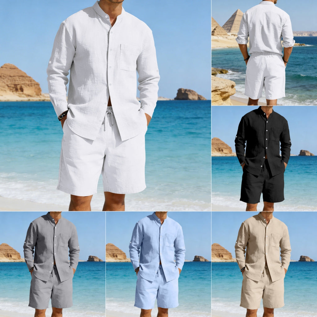 Mens Casual Linen Shirt And Shorts Set Summer Vintage Stand Collar Shirts Men Comfortable Breathable Beach Suits What Else You Got?