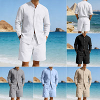 Men's Linen Summer Shirt & Shorts Set - Breathable Vintage Stand Collar Beach Suit - Lightweight & Comfortable