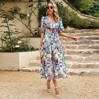 Elegant Seaside Grace Maxi Dress: V-Neck Printed Chiffon for Summer Vacations