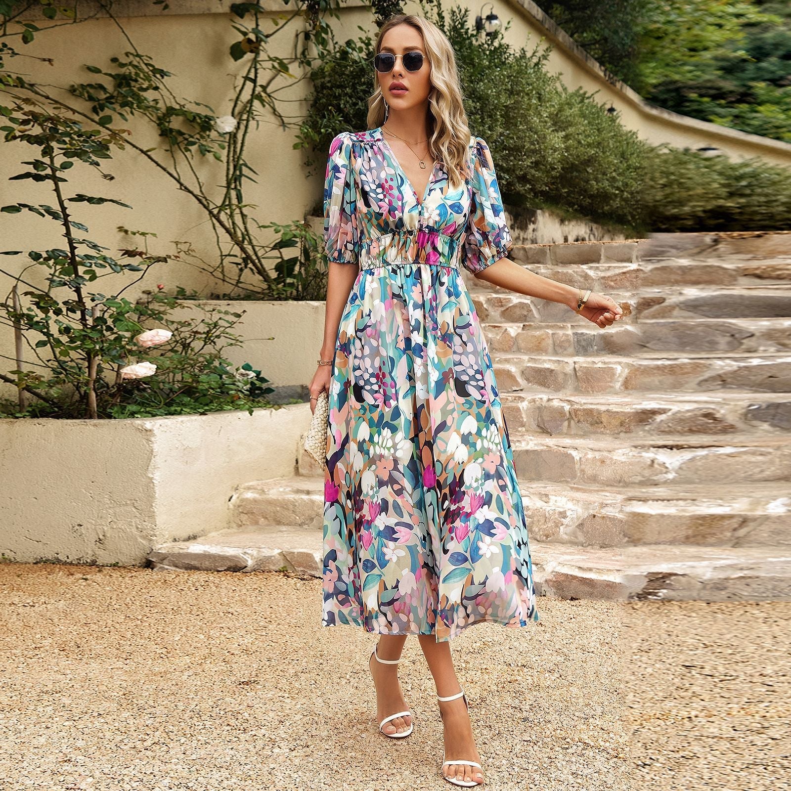 New V-neck Printed Short-sleeved Long Dress Summer Fashion Slim Seaside Vacation Beach Dresses For Women Clothing What Else You Got?