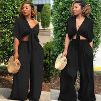 Women's Relaxed-Fit Deep-V Top & Wide-Leg Pants Set – Two-Piece Comfort Outfit