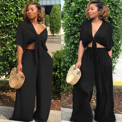 Women's Relaxed-Fit Deep-V Top & Wide-Leg Pants Set – Two-Piece Comfort Outfit