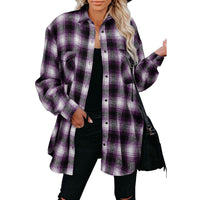 Women's Spring Flannel Shirt | Loose Fit Plaid Blouse with Turndown Collar | Mid-Length Overshirt - Multiple Colors