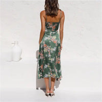 Graceful Flower Print Split Suspender Dress - Elegant Sleeveless Summer Beach Wear with Hollow Bowknot Design