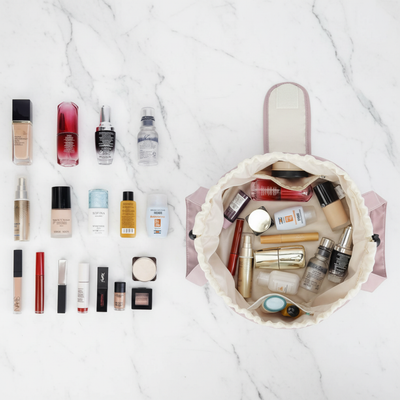 Women’s Barrel Drawstring Makeup Bag – Large-Capacity Travel Cosmetic Organizer