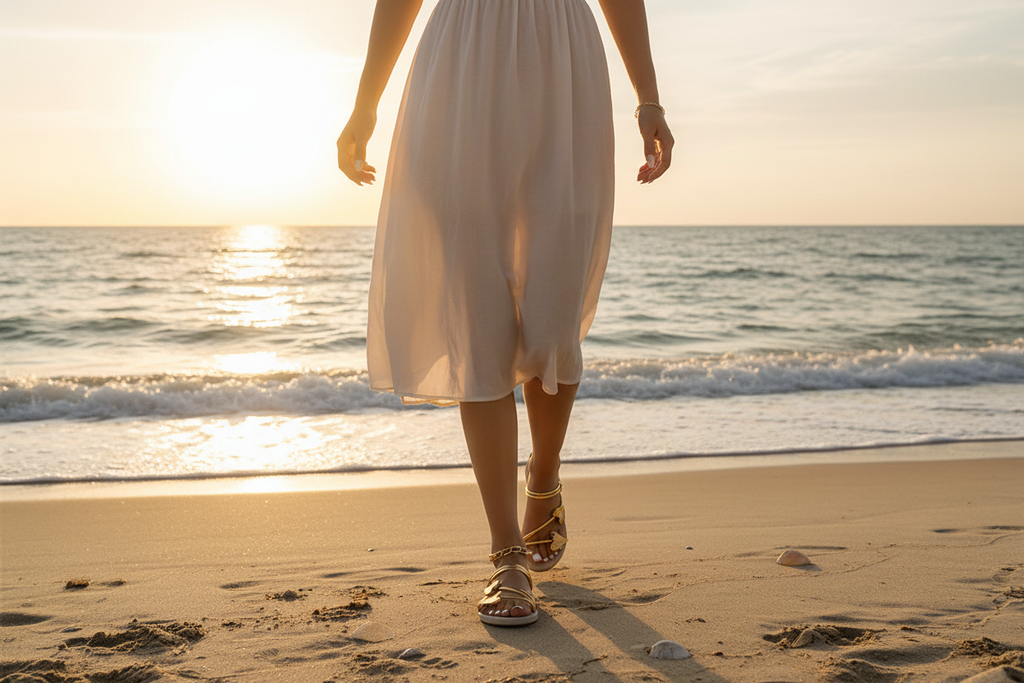 Gold slippers on sandy beach