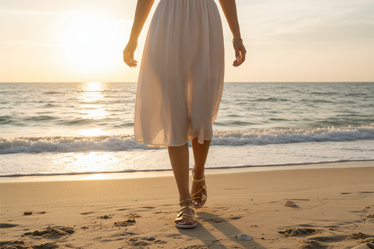 Gold slippers on sandy beach