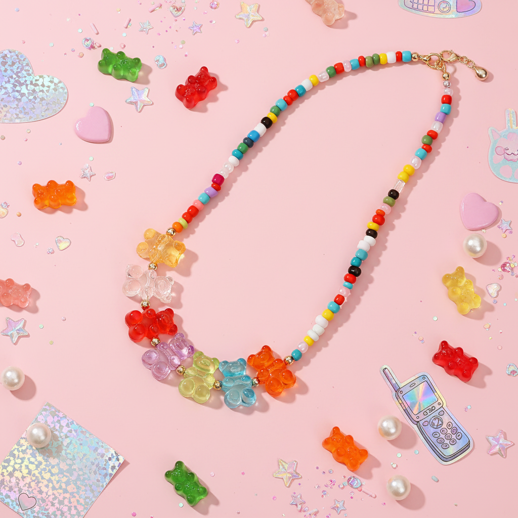 Bohemian Pearl Gummy Bear Necklace kawaii flat lay on pink background with pearls, gummy bears, candy stars and glitter