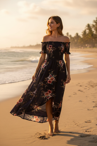 Boho Off-Shoulder Maxi Beach Dress - Flowing Summer Style for Women