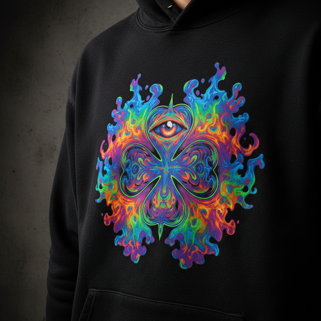Close-up of psychedelic smoke hoodie graphic with clover and all-seeing eye