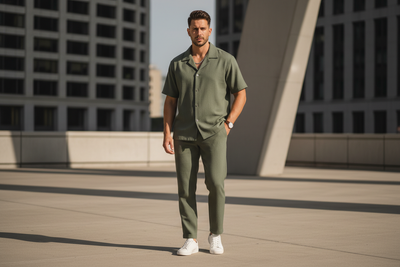 Men's Two-Piece Suit Set – Short Sleeve Shirt & Straight Pants – Complete Matching Outfit – 10 Colors
