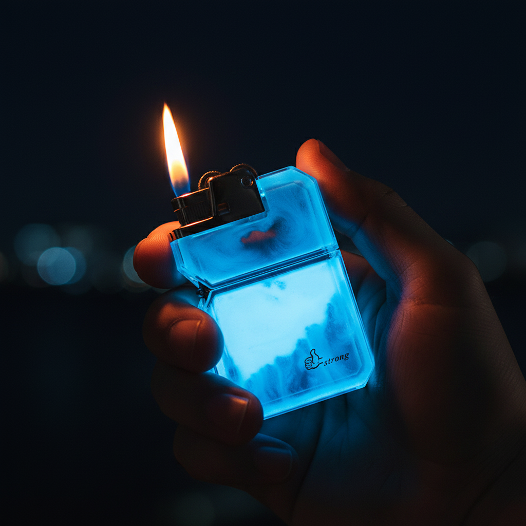 Luminous quicksand windproof butane lighter held in hand at night with glow effect and flame lit