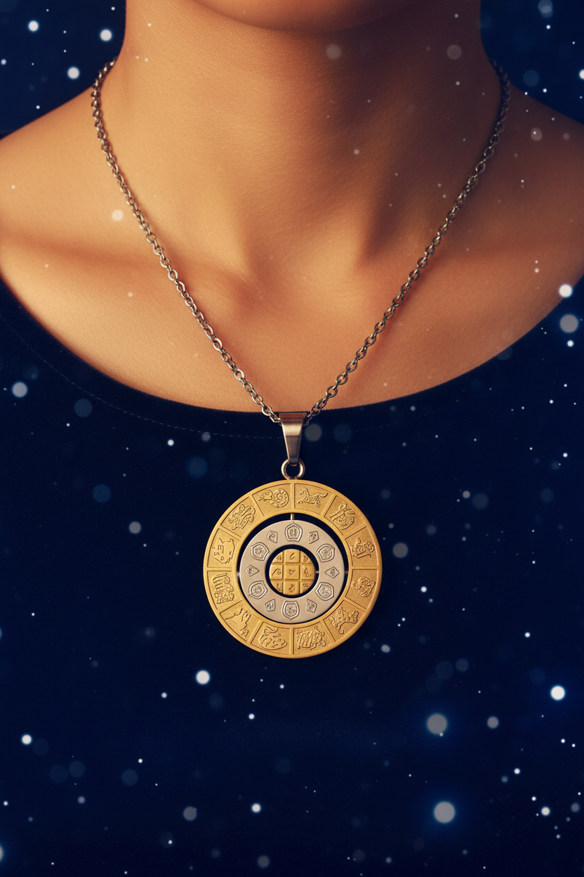 Chinese Zodiac Gossip Necklace worn editorial close-up with midnight blue bokeh star background