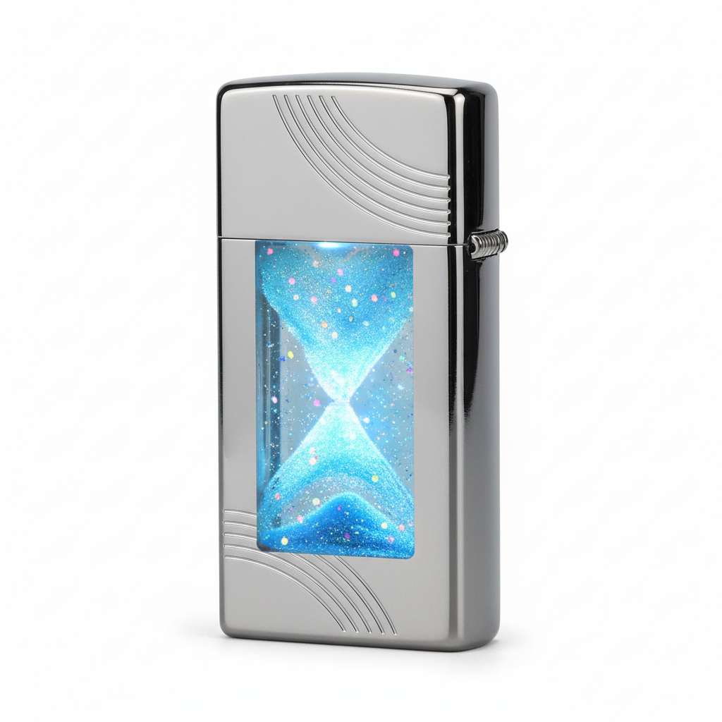 Luminous quicksand windproof butane lighter with glowing blue quicksand effect inside metal body