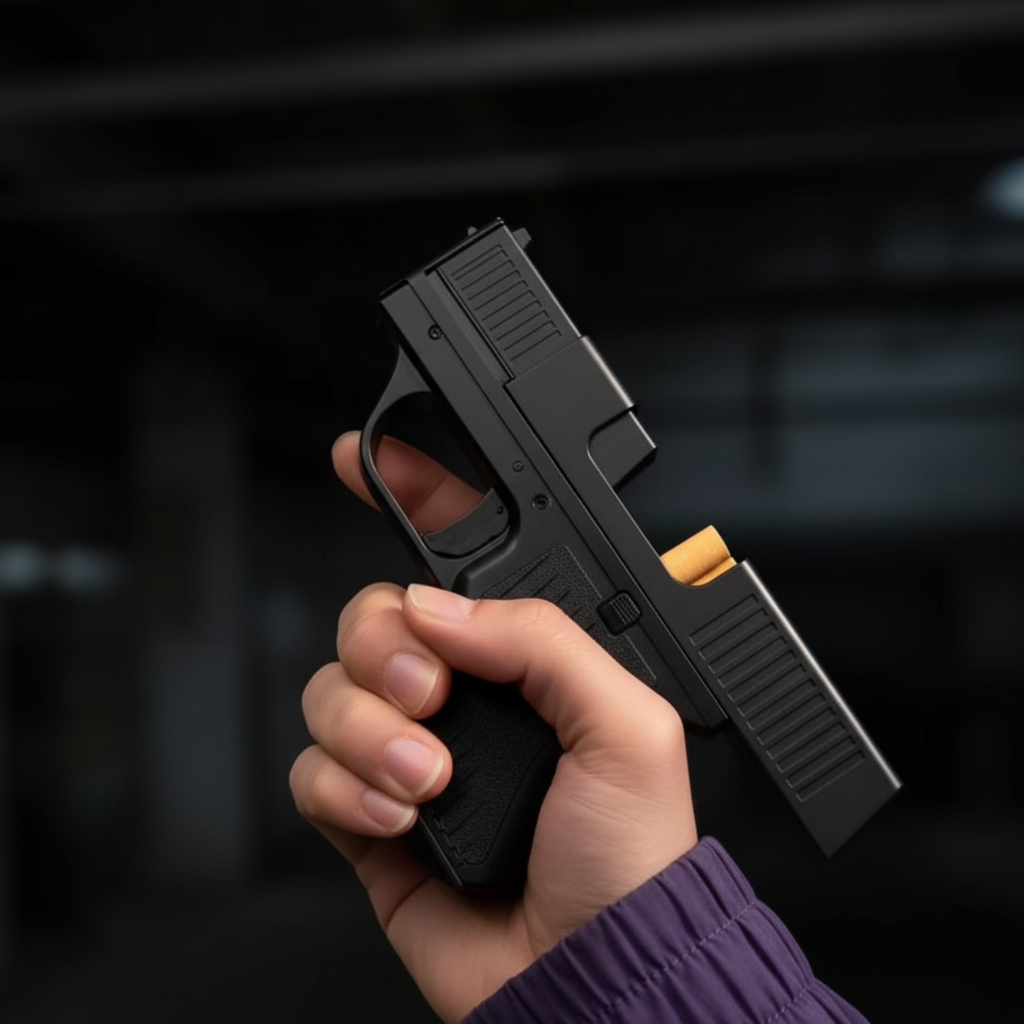 Toy gun lighter with cigarette holder held in hand ready to use against dark dramatic background