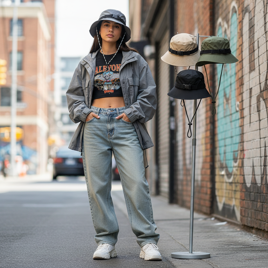 Street style shot of retro bucket hat in multiple colors